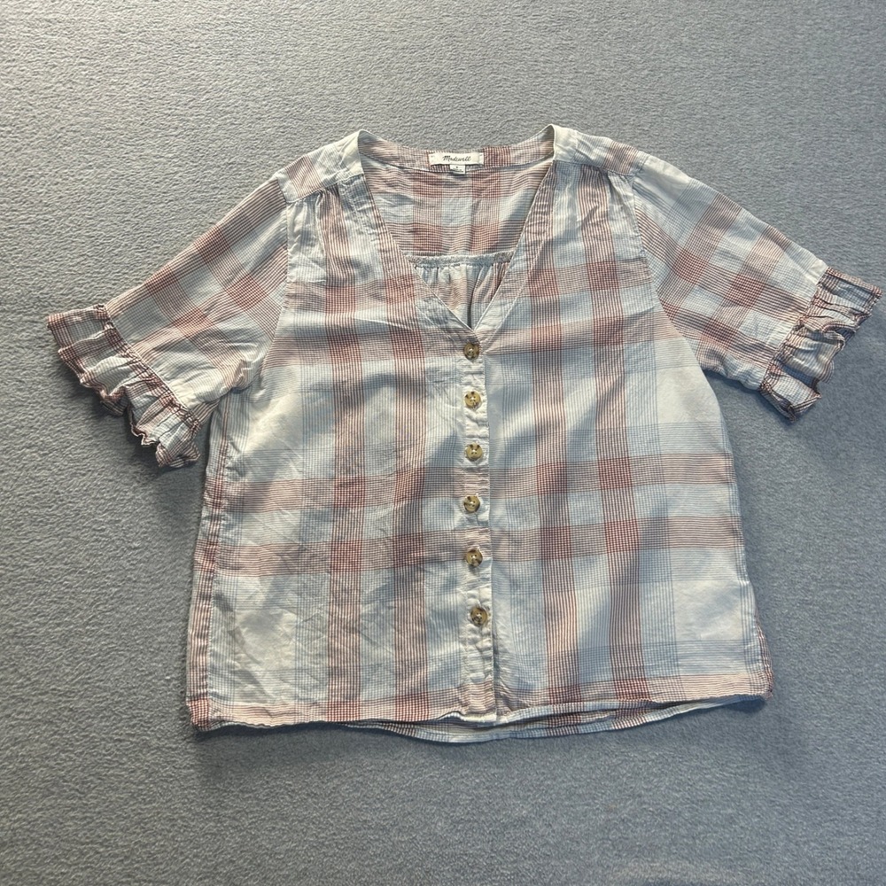 Madewell Plaid Button Front Blouse Womens Small Flutter Sleeve Cottagecore Top